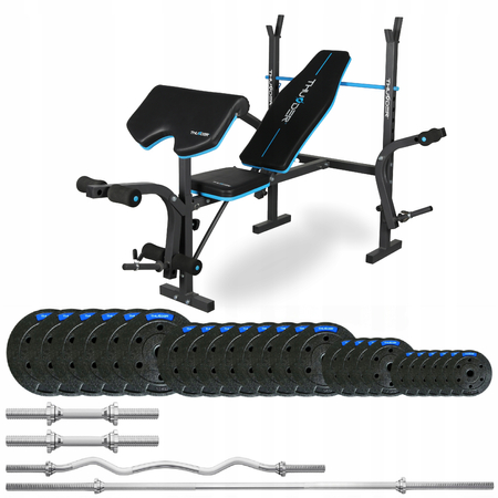 Bodybuilding set 117,5 KG with bench VIGOR-A with light curved bar by THUNDER  